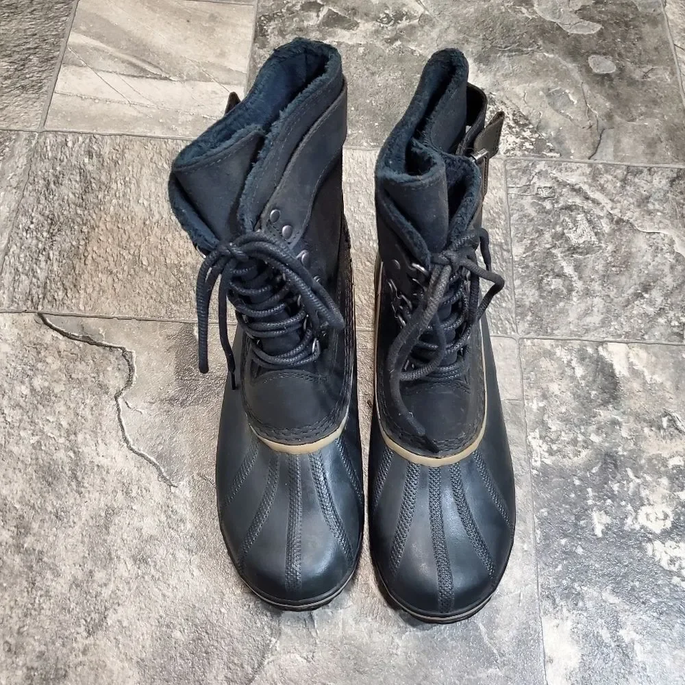 Sorel Fancy Lace II Black Oiled Suede Leather Winter Snow Duck Boots Woman's 9‎